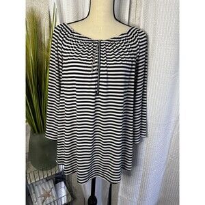 Chicos Women’s 1 US M Striped Pleated Neck Zip w/Metal Tassel Long Sleeve Tunic